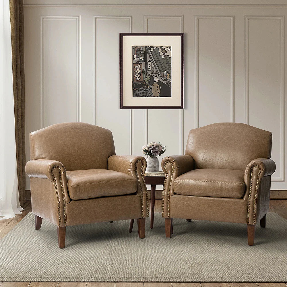 Giampiero Transitional Faux Leather Arm Chair with Nailhead Trim and Rolled Arms Set of 2