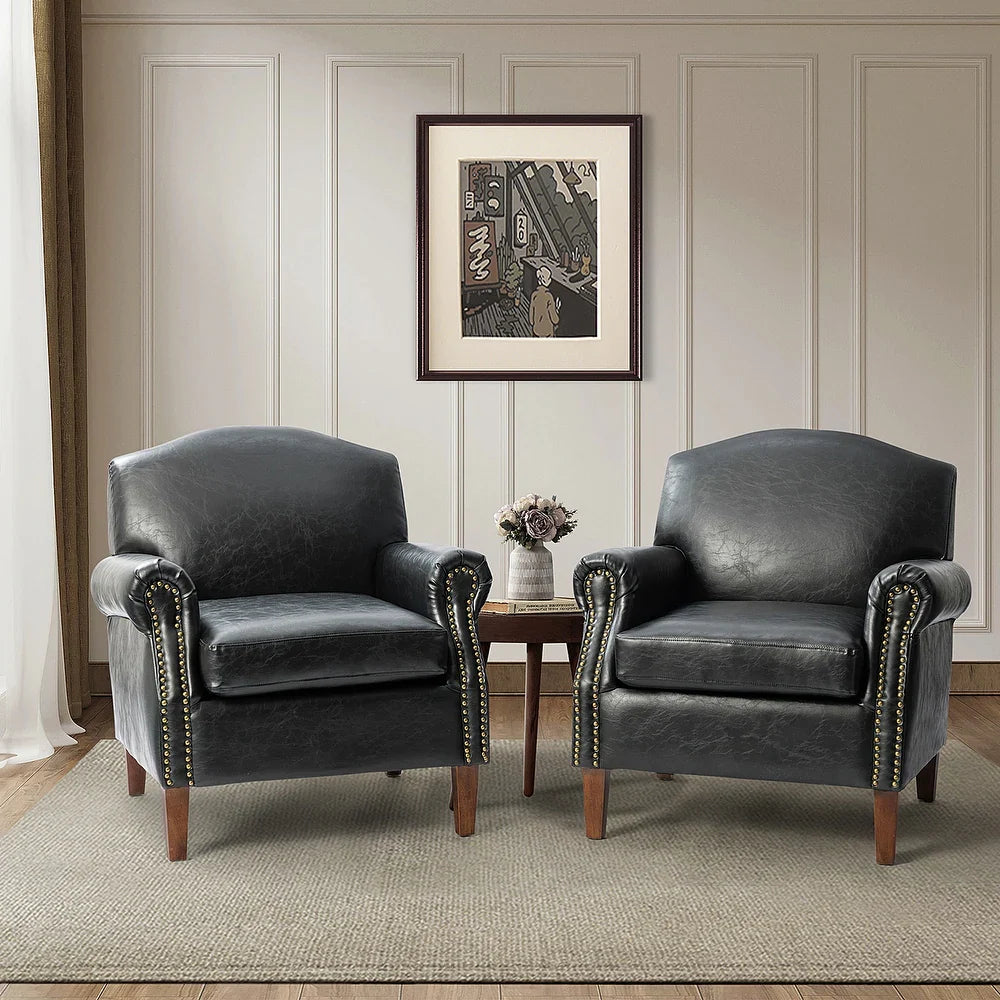 Giampiero Transitional Faux Leather Arm Chair with Nailhead Trim and Rolled Arms Set of 2