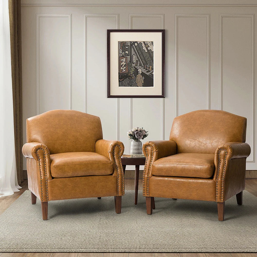 Giampiero Transitional Faux Leather Arm Chair with Nailhead Trim and Rolled Arms Set of 2