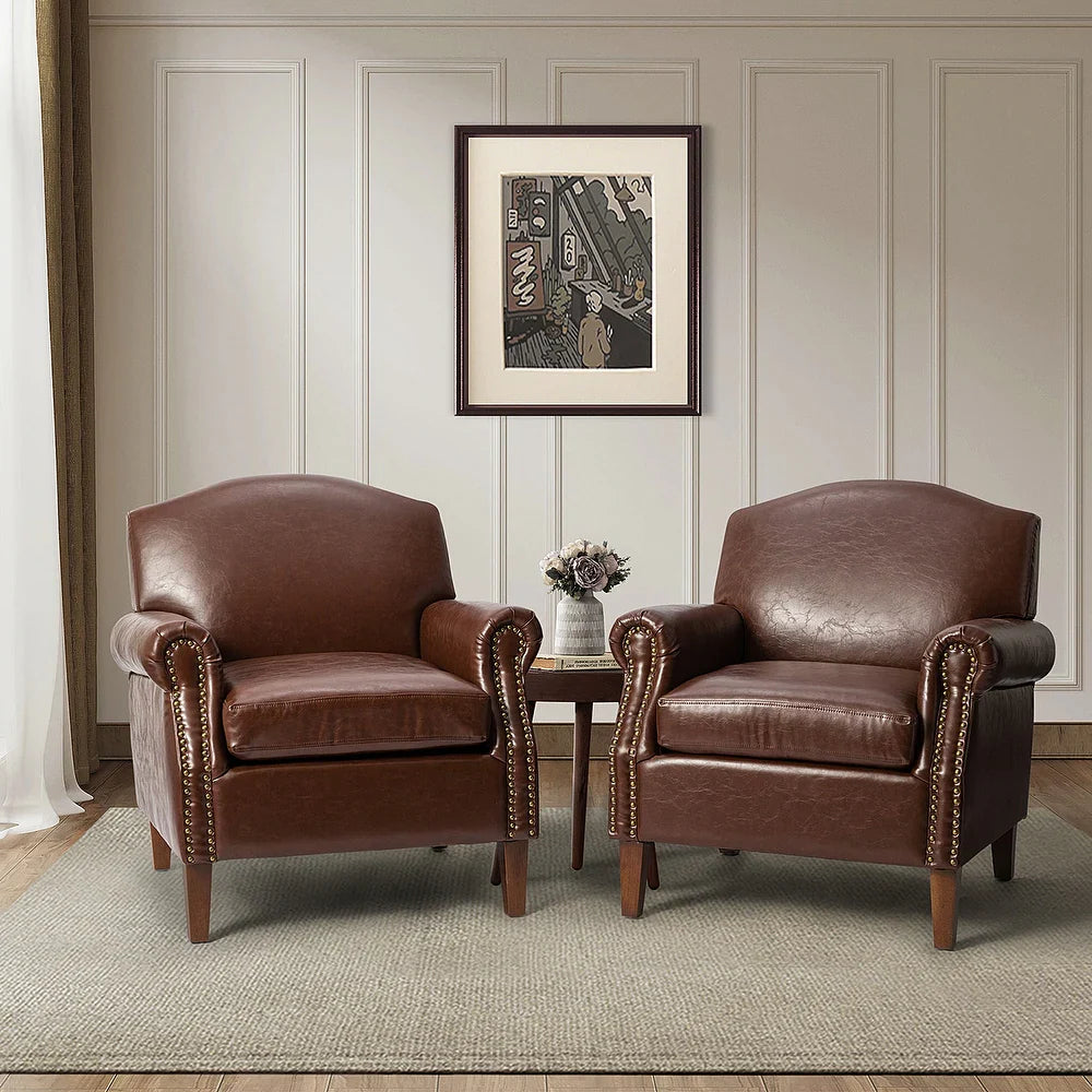 Giampiero Transitional Faux Leather Arm Chair with Nailhead Trim and Rolled Arms Set of 2