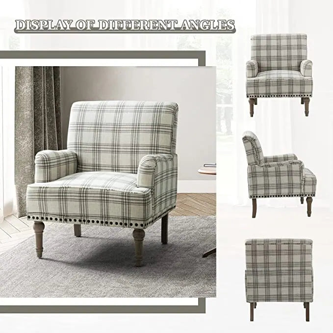 Geltrude Farmhouse Vintage Plaid Accent Armchair with Nailhead Trim Set of 2