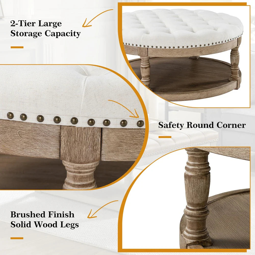 Illyria Transitional Multifunctional Tufted 35.5" Storage Ottoman Table with Spindle Legs