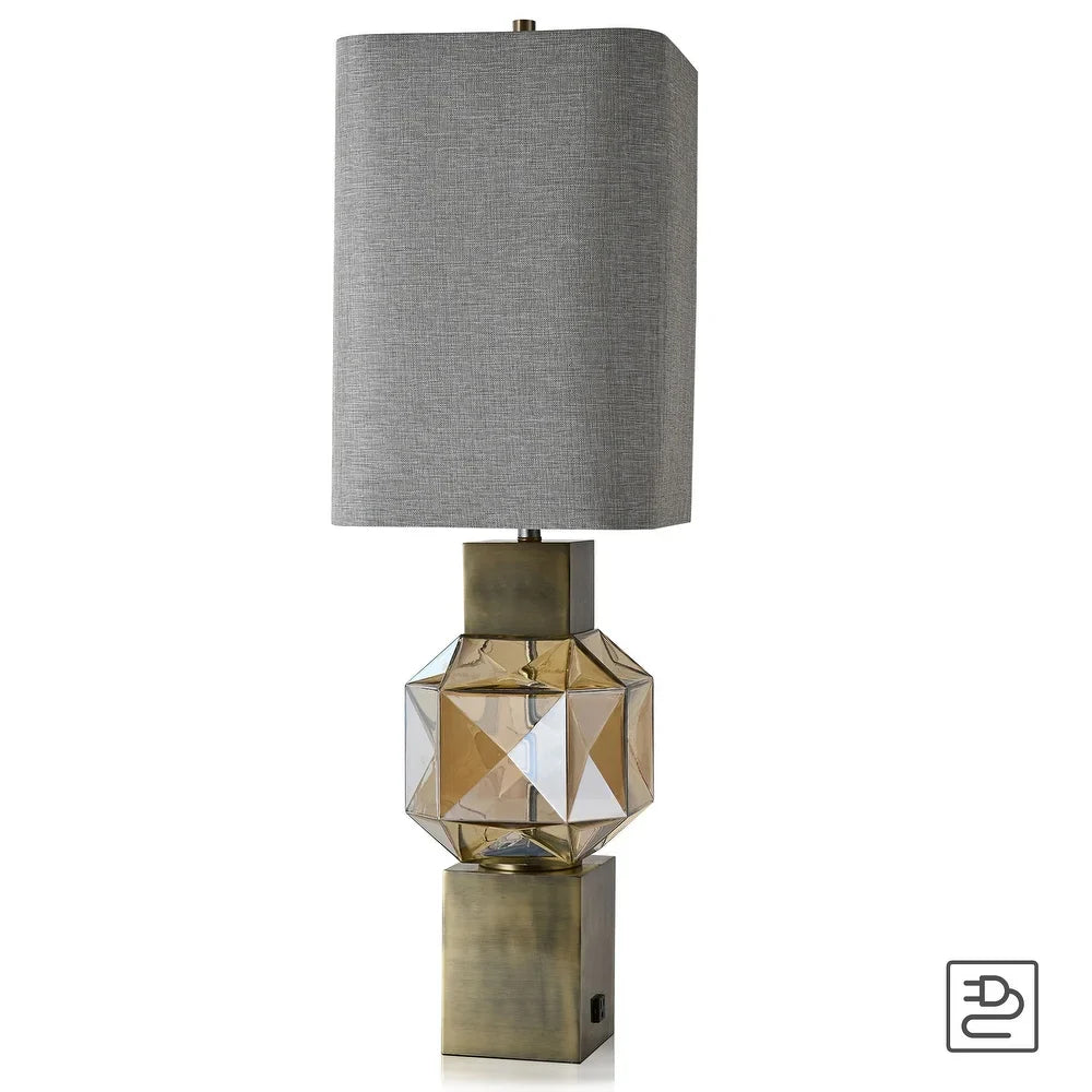 Harp & Finial Beverly Brass and Amber Table Lamp with Heathered Gray Shade