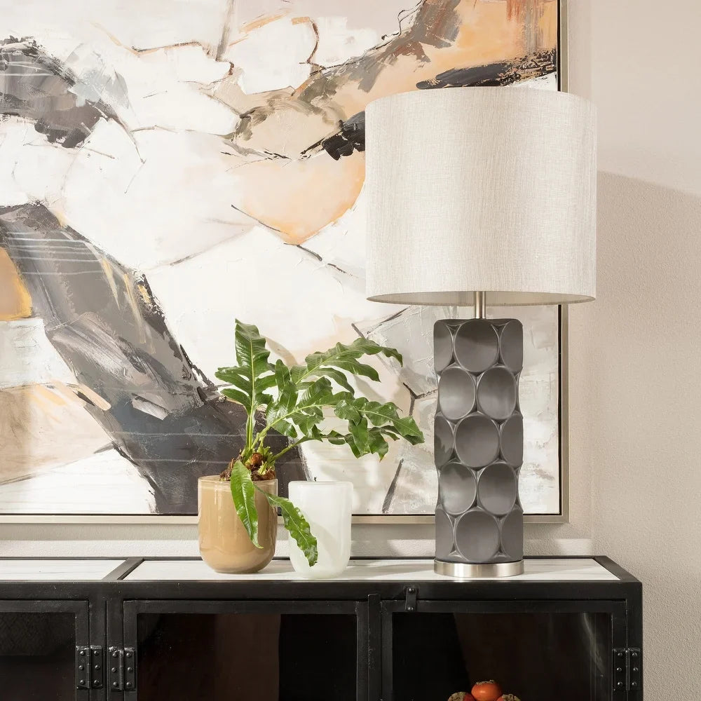 Harp & Finial Rutherford 1-light Charcoal Table Lamp with Metal Base - Grey Hardback Fabric Shade