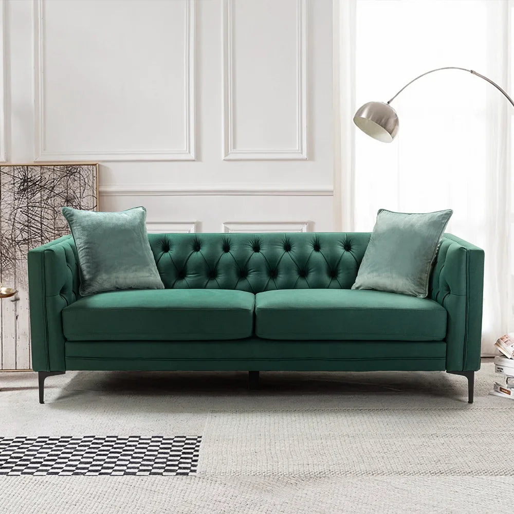 Calymne 84" Mid-century Modern Leather Sofa with Button-Tufted Back