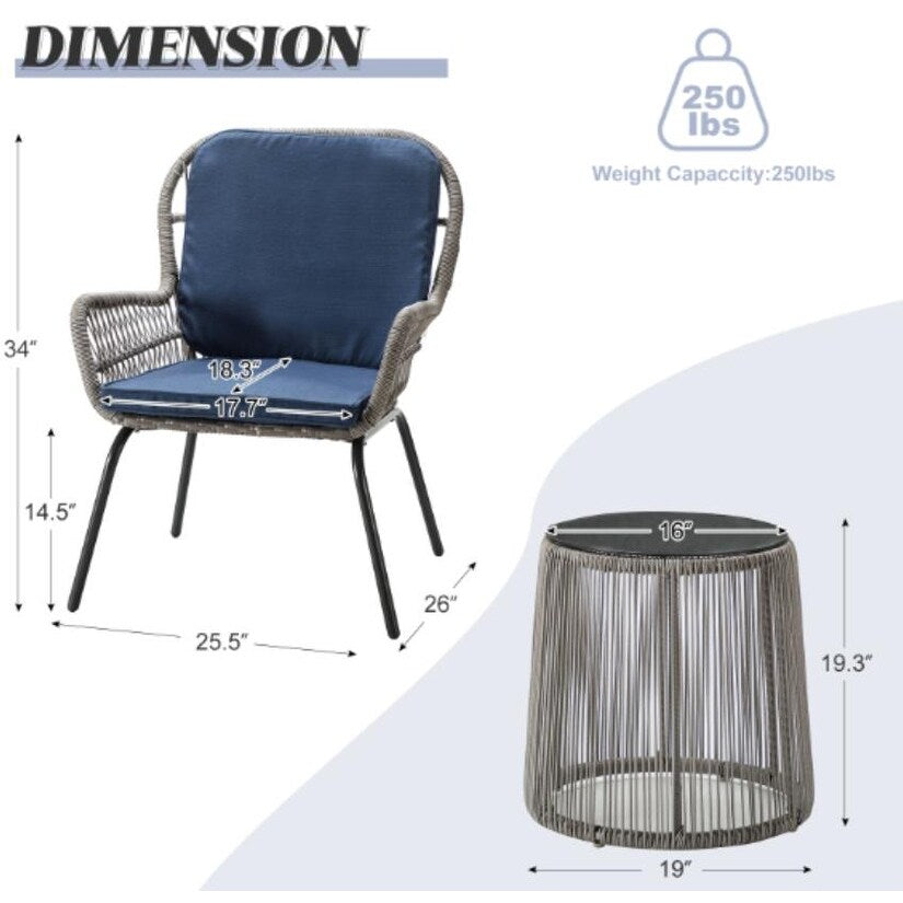 Jabalpur Contemporary Outdoor 2 - Person Wicker Seating Group Set 3 Piece with Cushions