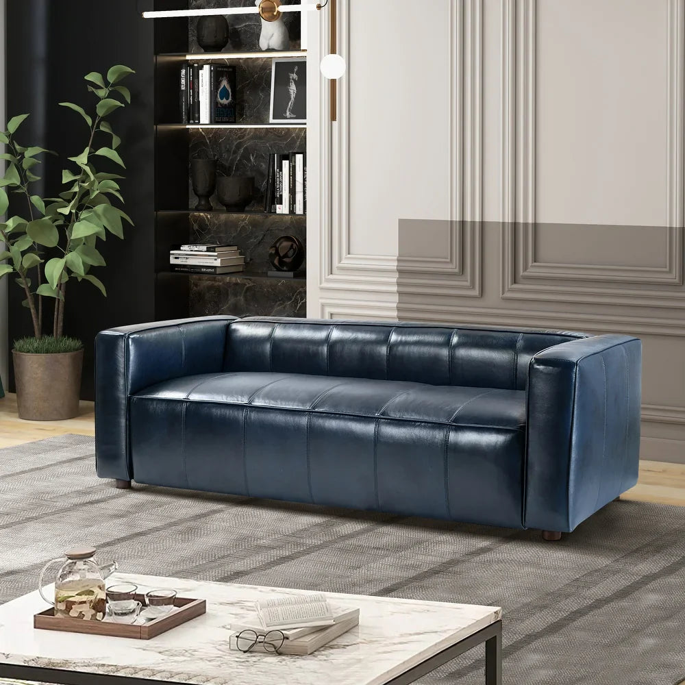 Donia Mid-Century Modern Leather 80" Curved Sofa with Wooden Legs