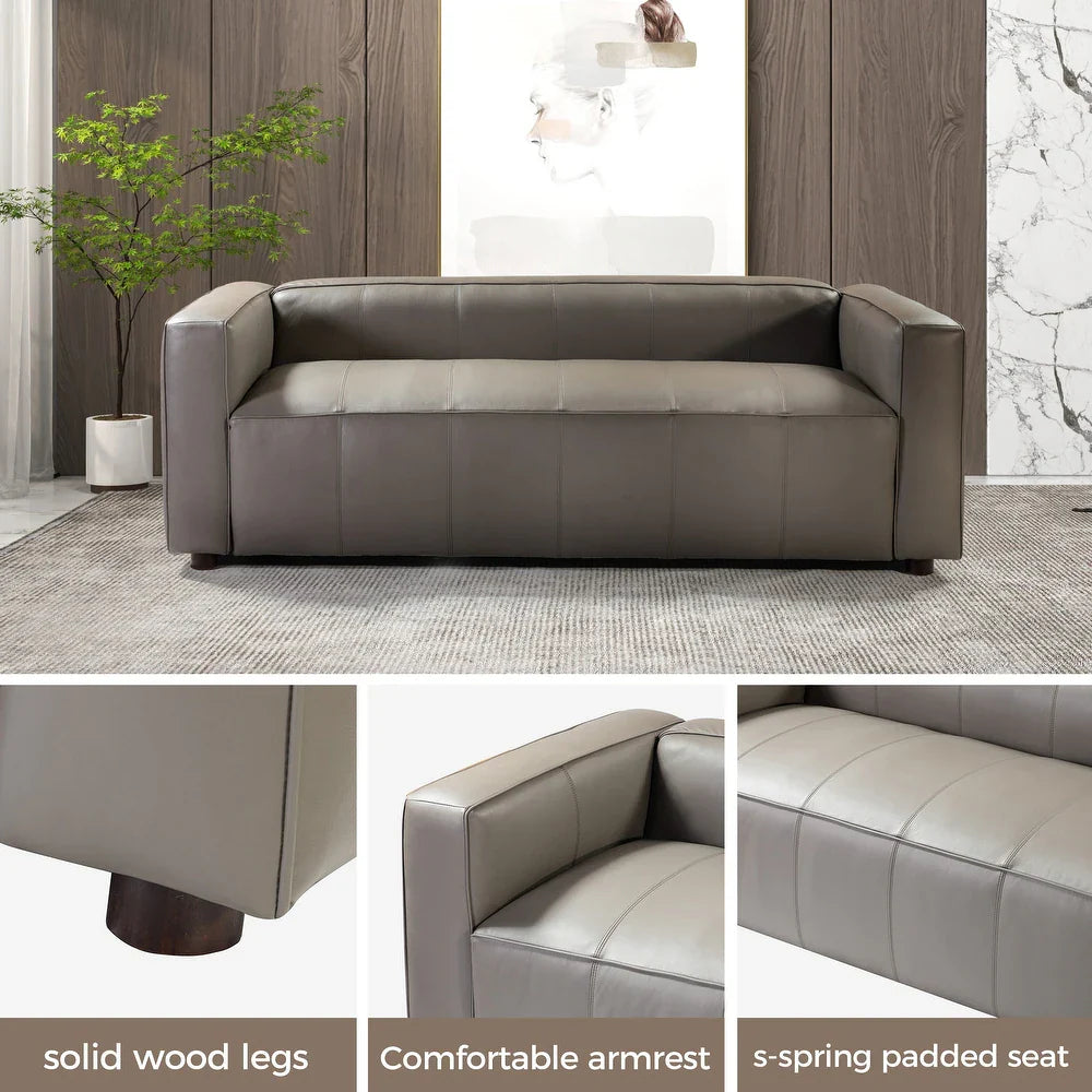 Donia Mid-Century Modern Leather 80" Curved Sofa with Wooden Legs