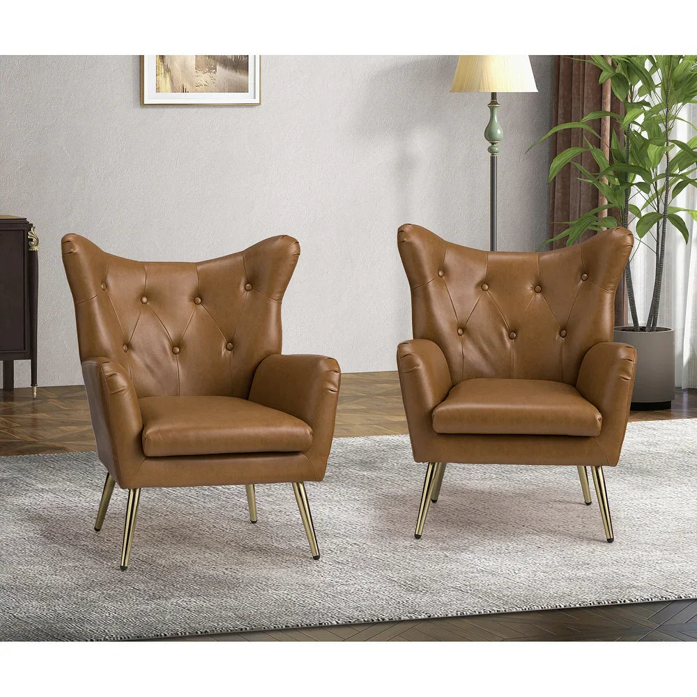 Joseph Modern Leather Wingback Armchair with Pull-button Design Set of 2