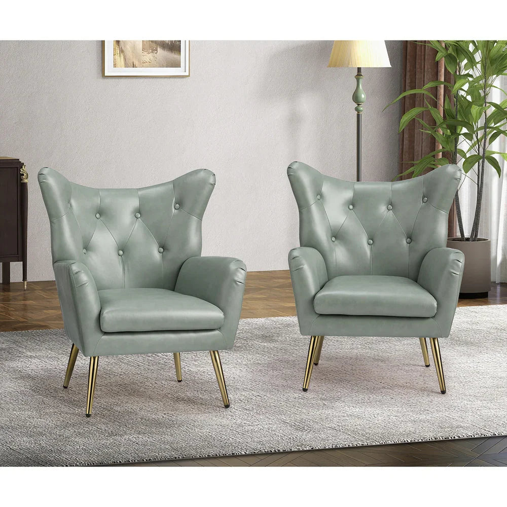 Joseph Modern Leather Wingback Armchair with Pull-button Design Set of 2