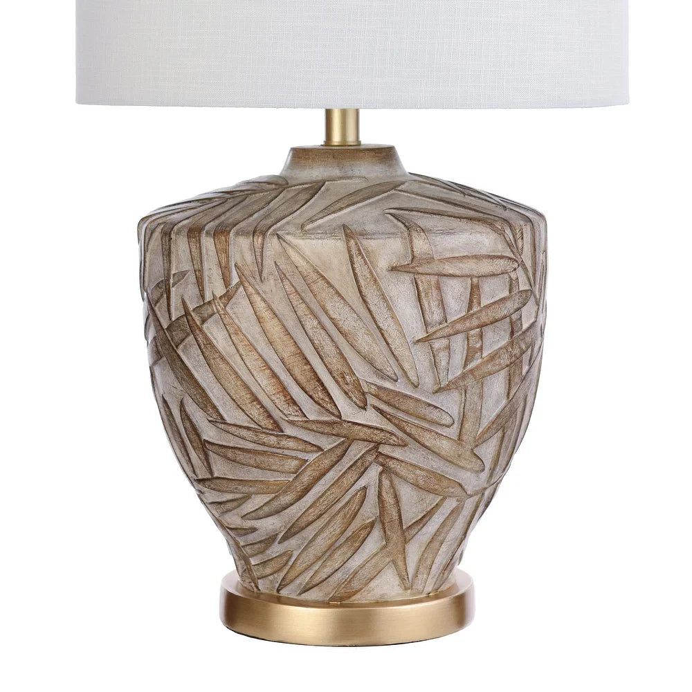 Lalita Palm Leaf Print Table Lamp - Gold Finish - White Fabric Shade