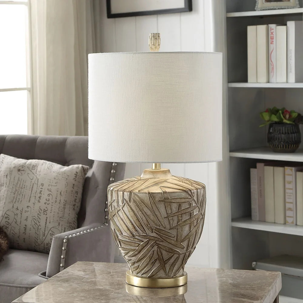 Lalita Palm Leaf Print Table Lamp - Gold Finish - White Fabric Shade