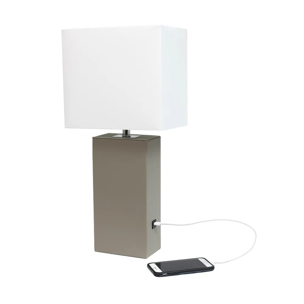 Lexington Leather Base Modern Lamp with Fabric Shade and USB