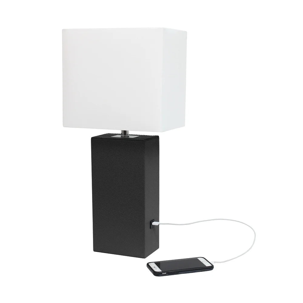 Lexington Leather Base Modern Lamp with Fabric Shade and USB