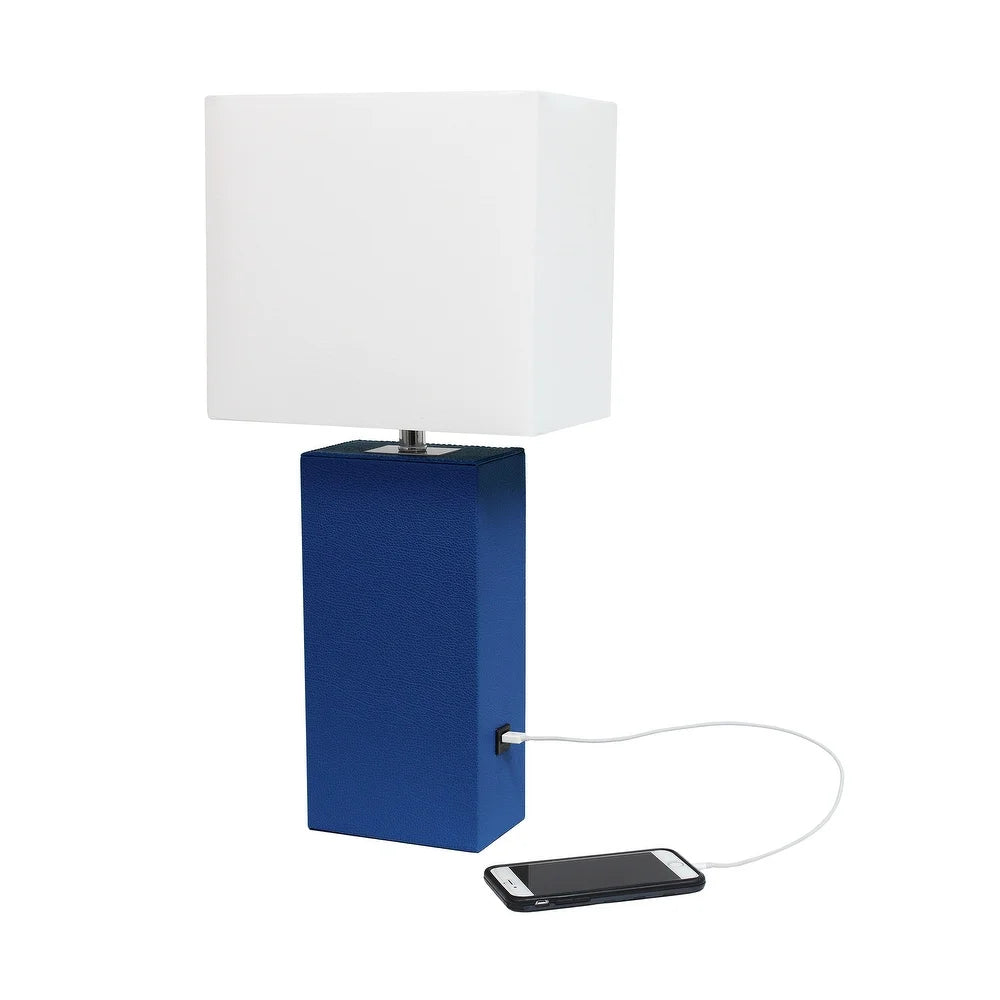 Lexington Leather Base Modern Lamp with Fabric Shade and USB