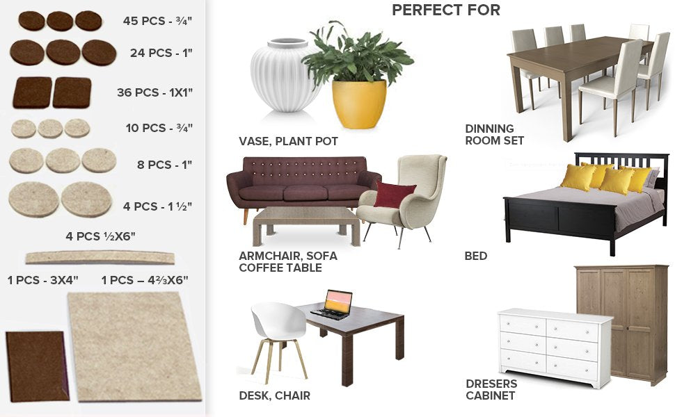 Furniture Felt Pads For Hardwood & Laminate Flooring Protection - 133 pcs various sizes