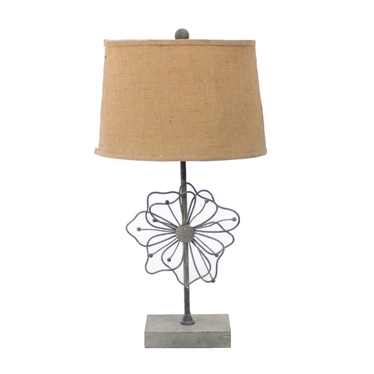 Metal Table Lamp with Flower Accent and Block Base,Beige and Gray