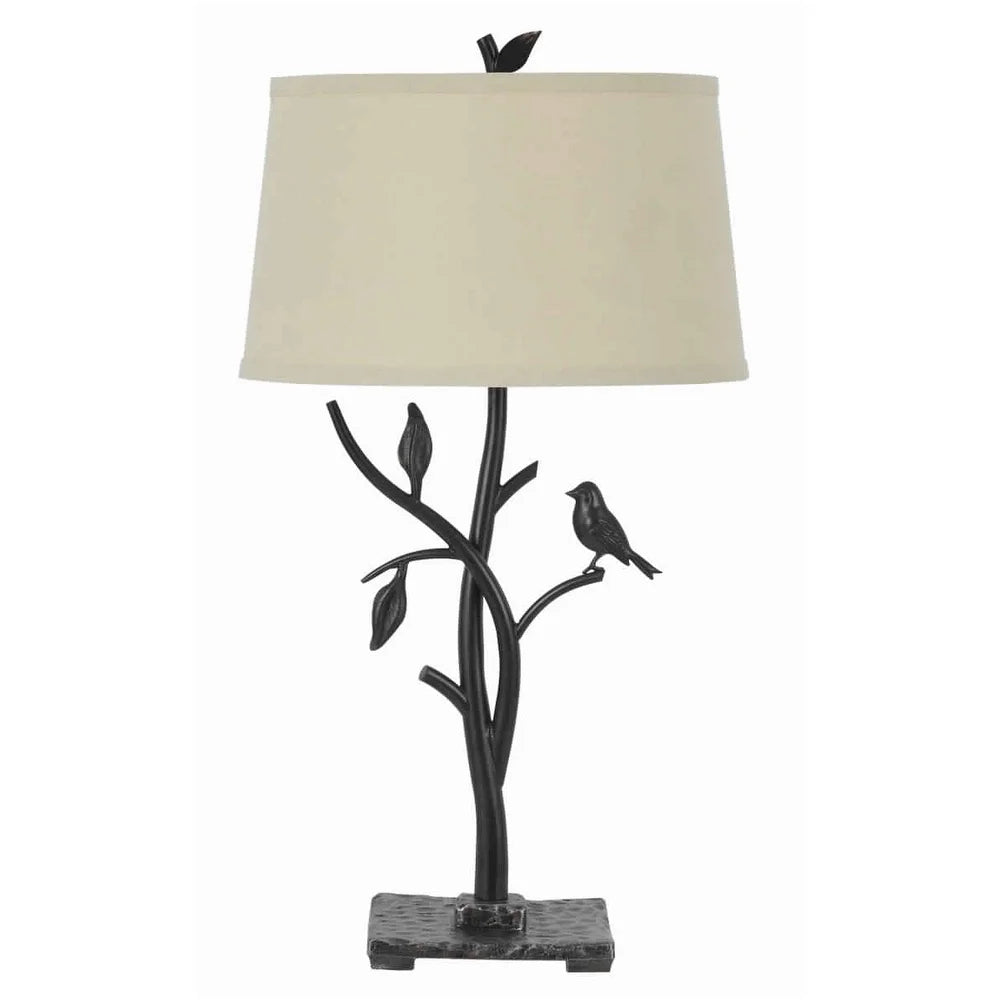 Metal Tree and Bird Body Table Lamp with Tapered Shade, Black and Beige