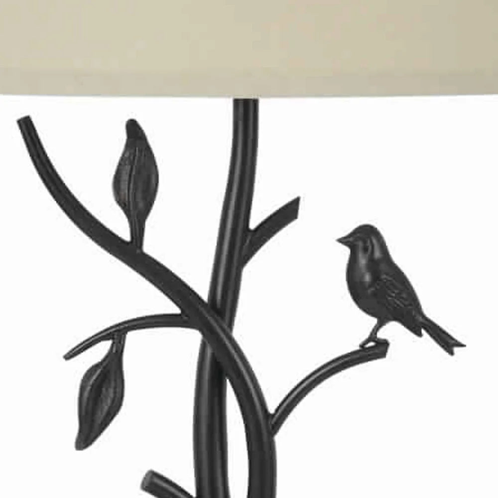 Metal Tree and Bird Body Table Lamp with Tapered Shade, Black and Beige