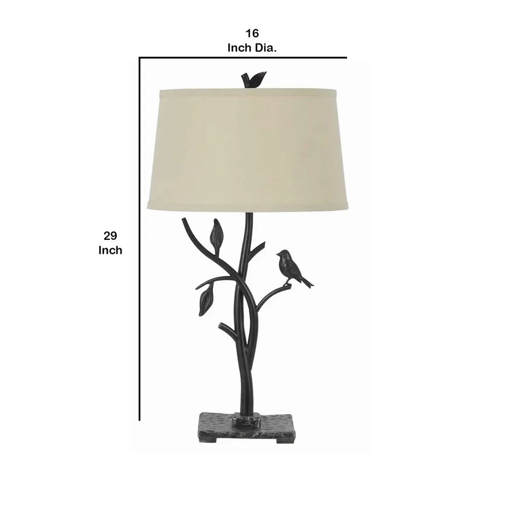 Metal Tree and Bird Body Table Lamp with Tapered Shade, Black and Beige