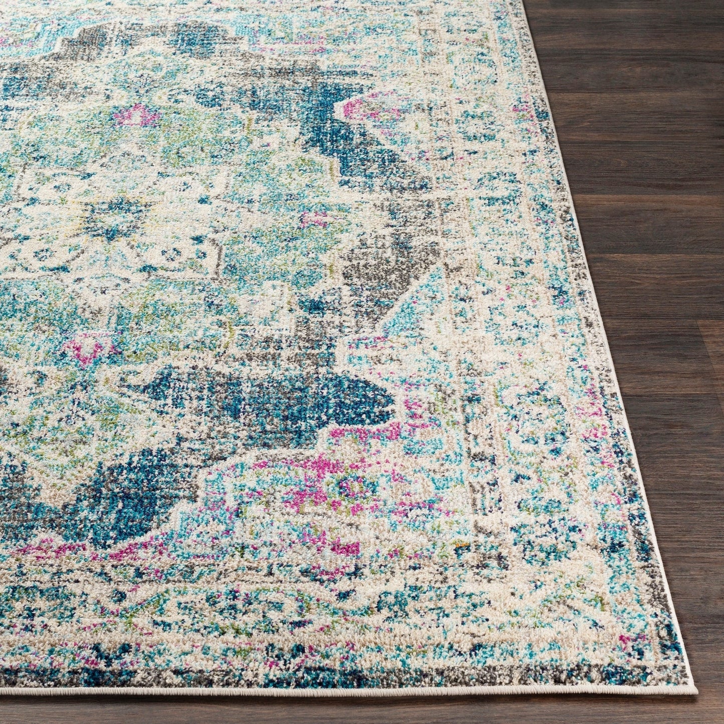 Vintage Medallion Teal Pale Fuchsia Multi-color Area Rug