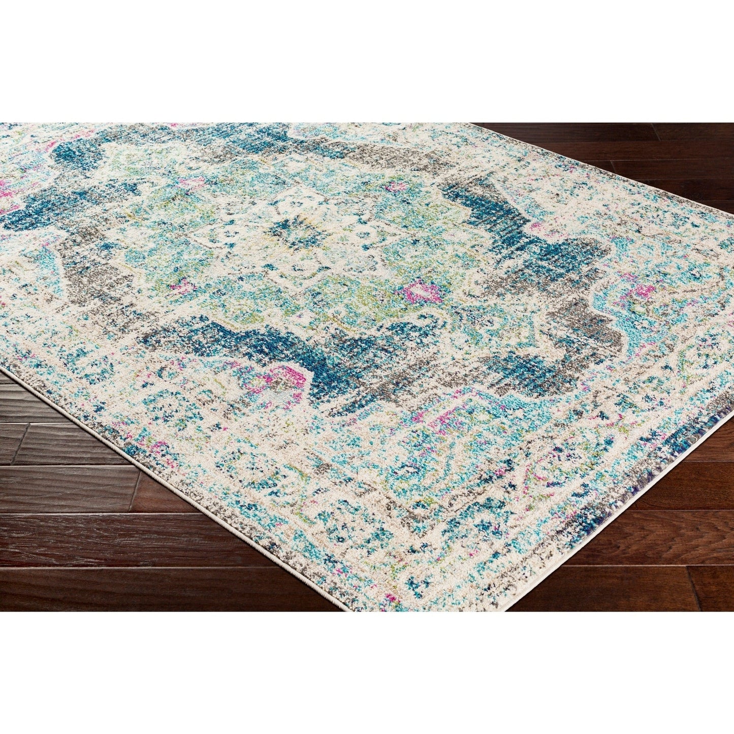 Vintage Medallion Teal Pale Fuchsia Multi-color Area Rug