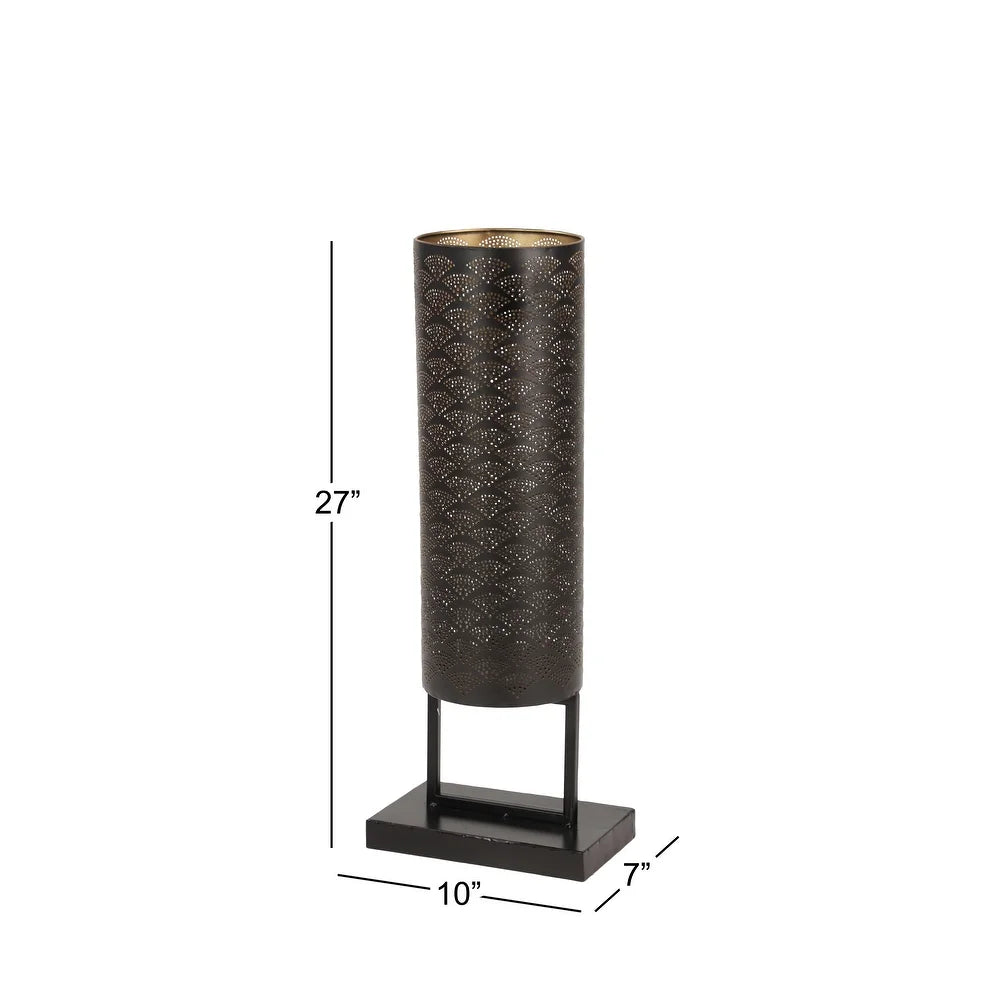 Modern Style Large Black Cylinder Metal Lantern with Pierced Metal Boho Pattern on Metal Base 10 x 27 - Brown - 10 x 7 x 27