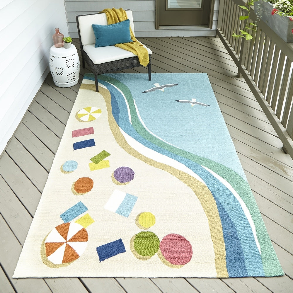 Veranda Beach Hand Hooked Indoor Outdoor Soft Area Rug Blue