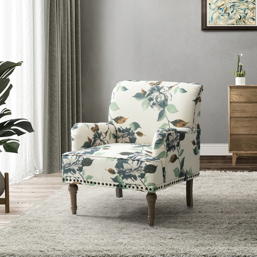 Geltrude Traditonal Floral Fabric Design Upholstered Accent Armchair with Turned Legs