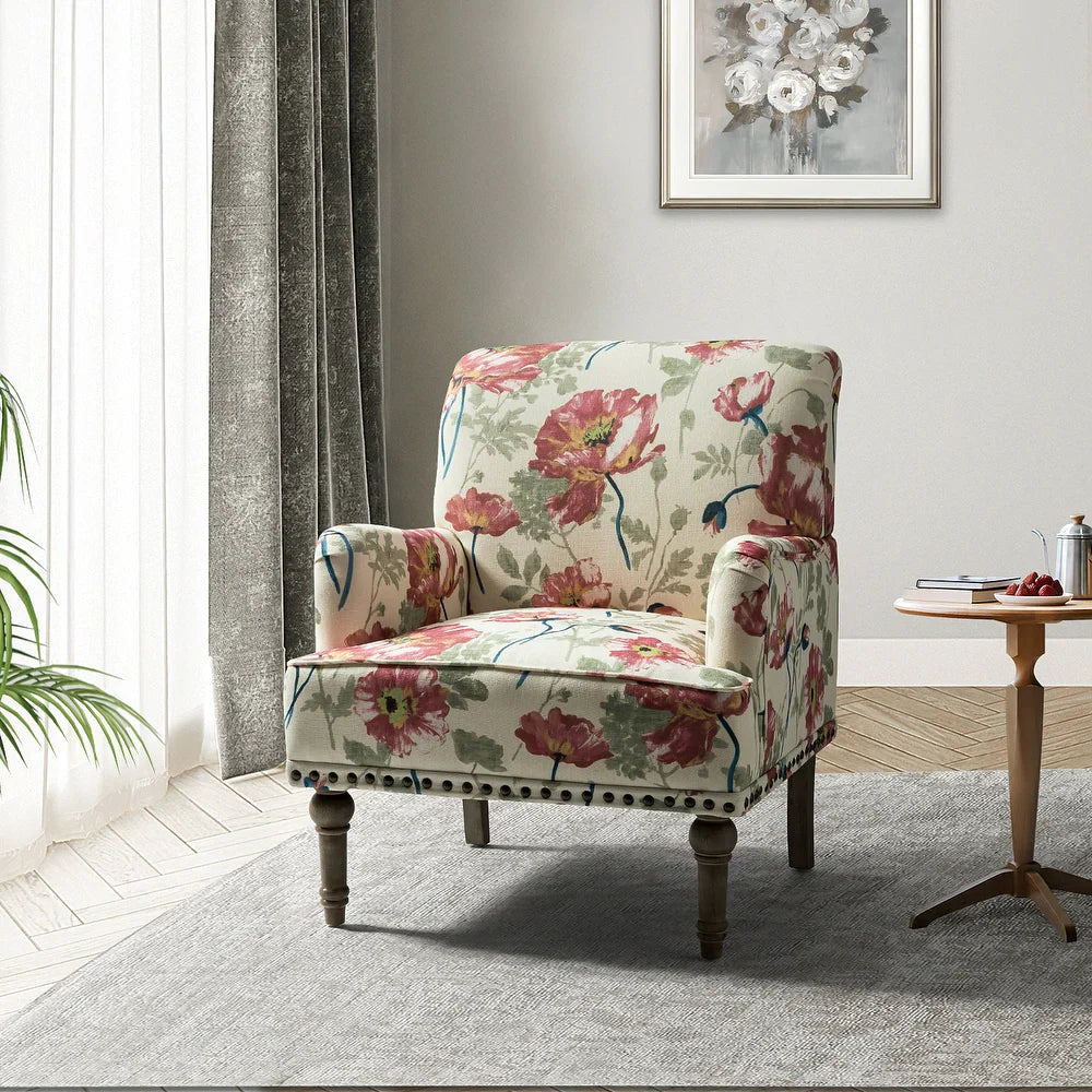 Geltrude Traditonal Floral Fabric Design Upholstered Accent Armchair with Turned Legs