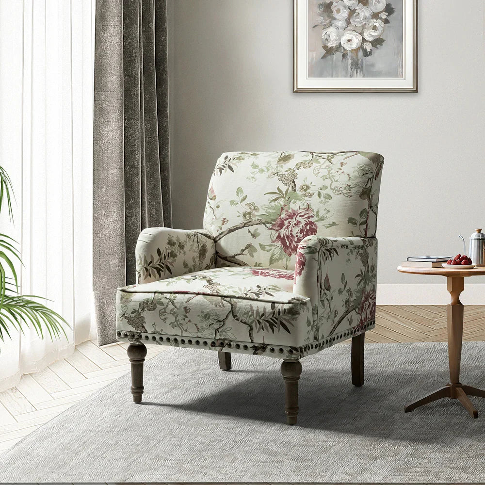 Geltrude Traditonal Floral Fabric Design Upholstered Accent Armchair with Turned Legs