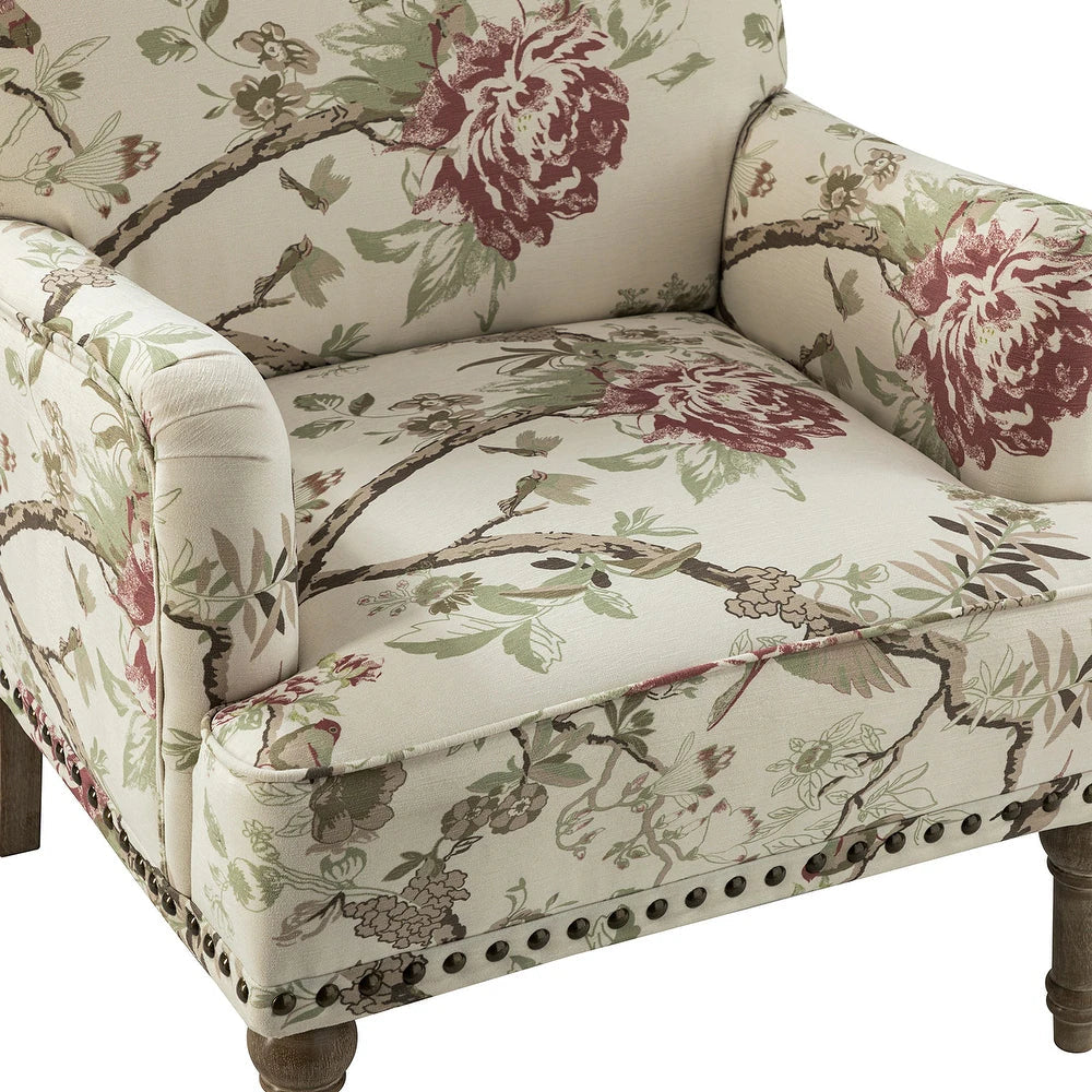 Geltrude Traditonal Floral Fabric Design Upholstered Accent Armchair with Turned Legs