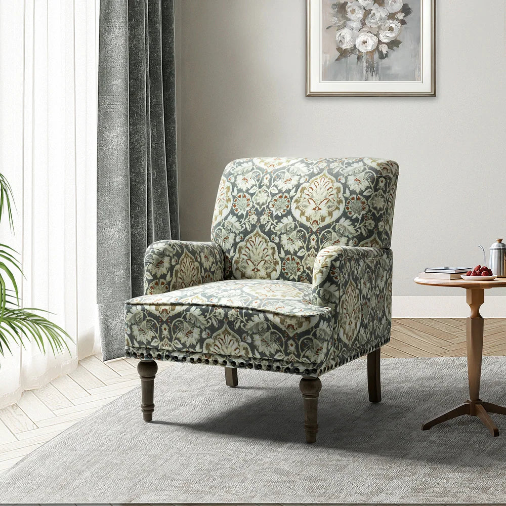 Geltrude Traditonal Floral Fabric Design Upholstered Accent Armchair with Turned Legs