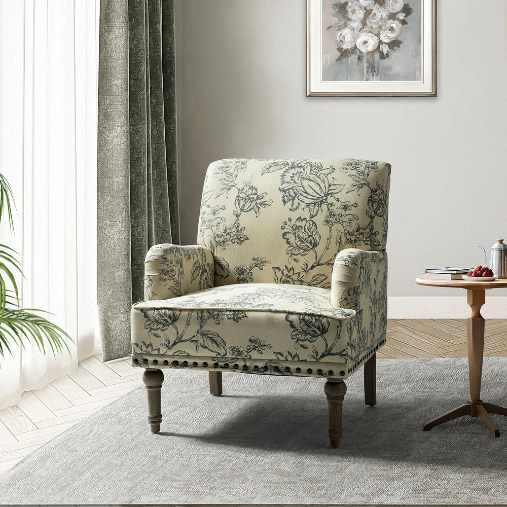 Geltrude Traditonal Floral Fabric Design Upholstered Accent Armchair with Turned Legs