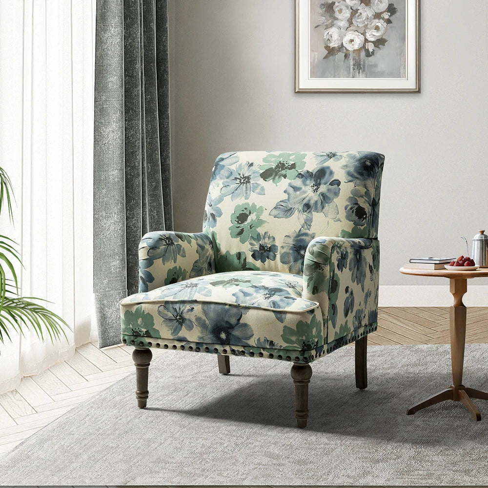 Geltrude Traditonal Floral Fabric Design Upholstered Accent Armchair with Turned Legs