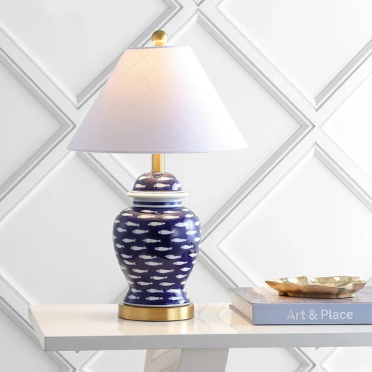 Quatrefoil of Fish 22" Ginger Jar Ceramic/Metal LED Table Lamp, Navy