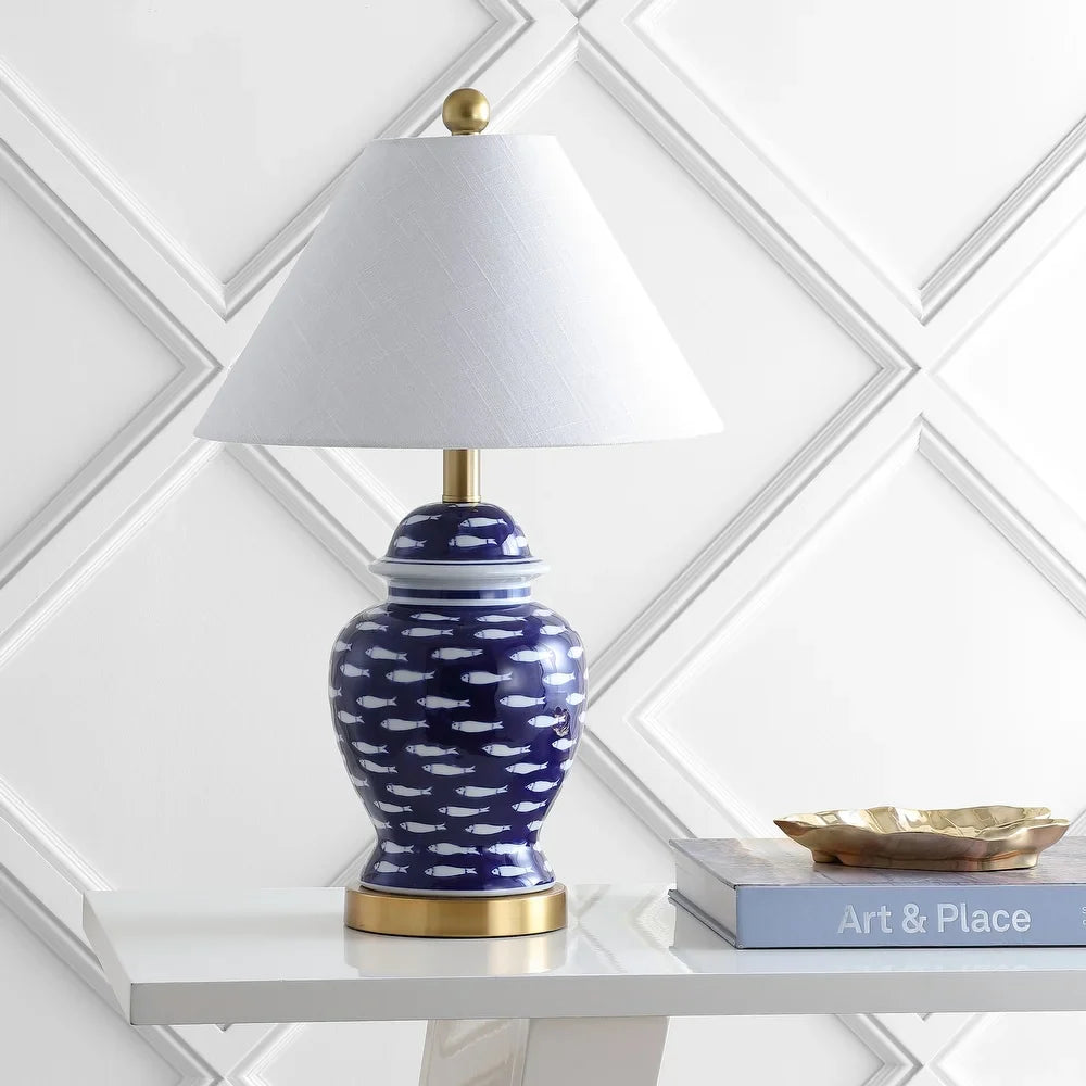 Quatrefoil of Fish 22" Ginger Jar Ceramic/Metal LED Table Lamp, Navy
