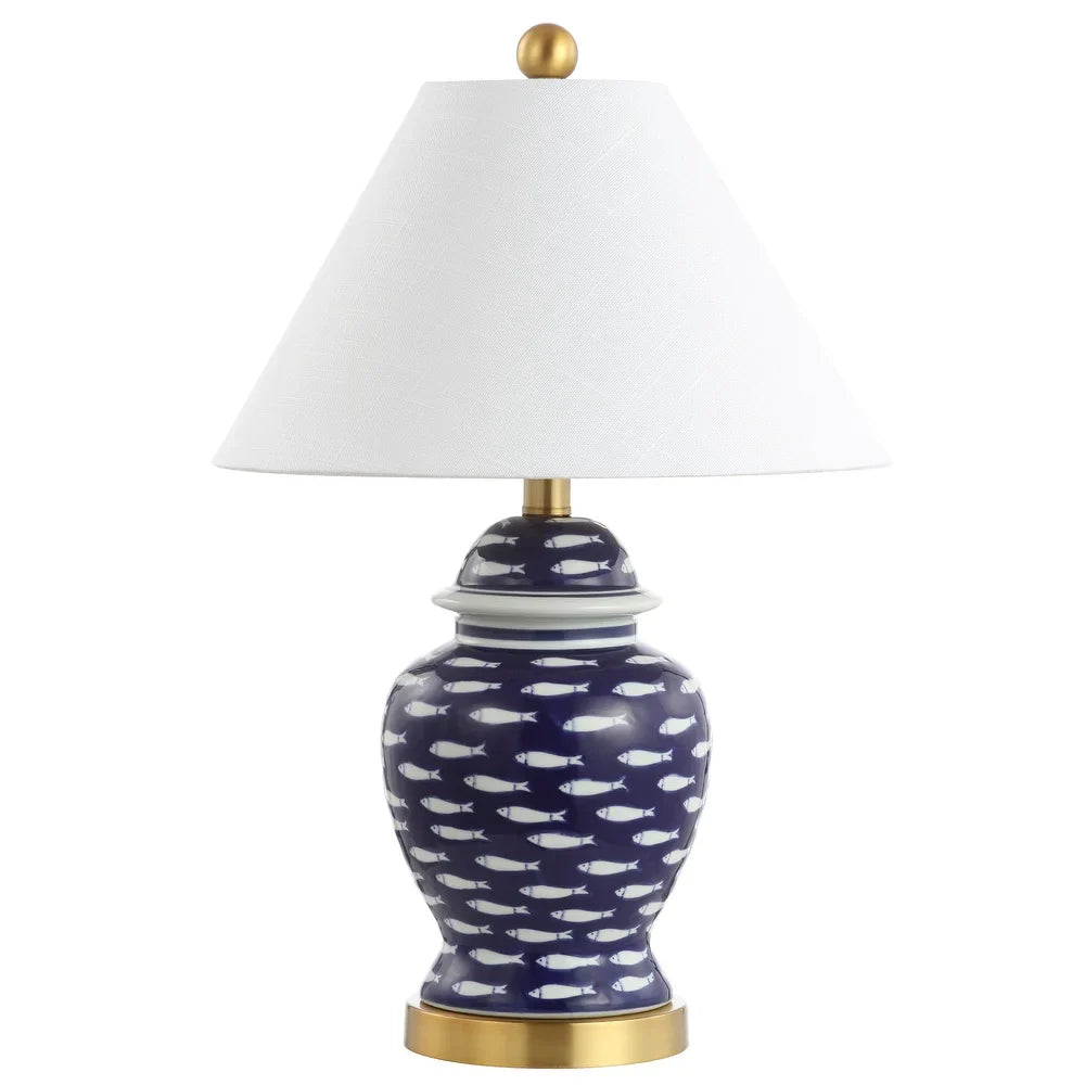 Quatrefoil of Fish 22" Ginger Jar Ceramic/Metal LED Table Lamp, Navy