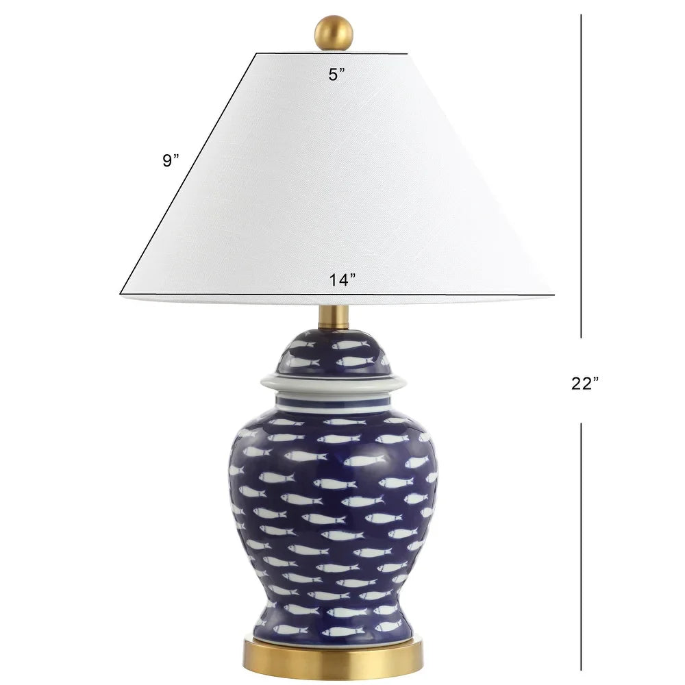 Quatrefoil of Fish 22" Ginger Jar Ceramic/Metal LED Table Lamp, Navy