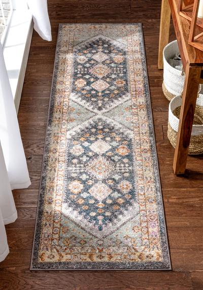 Vera Vintage Blue Tribal Diamond Medallion Pattern Area Rug