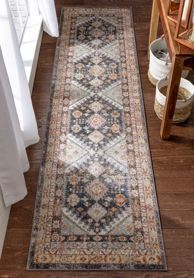 Vera Vintage Blue Tribal Diamond Medallion Pattern Area Rug