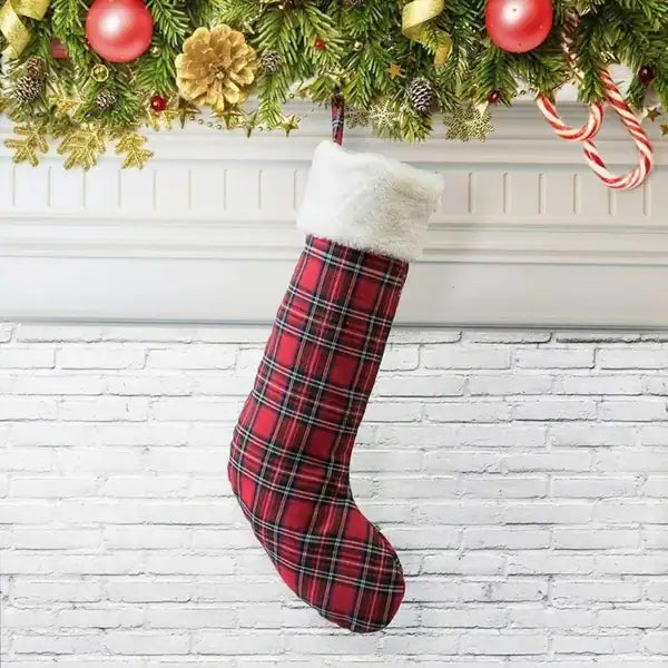 Red Plaid Christmas Stocking - 21*7 - White Rim-One picec