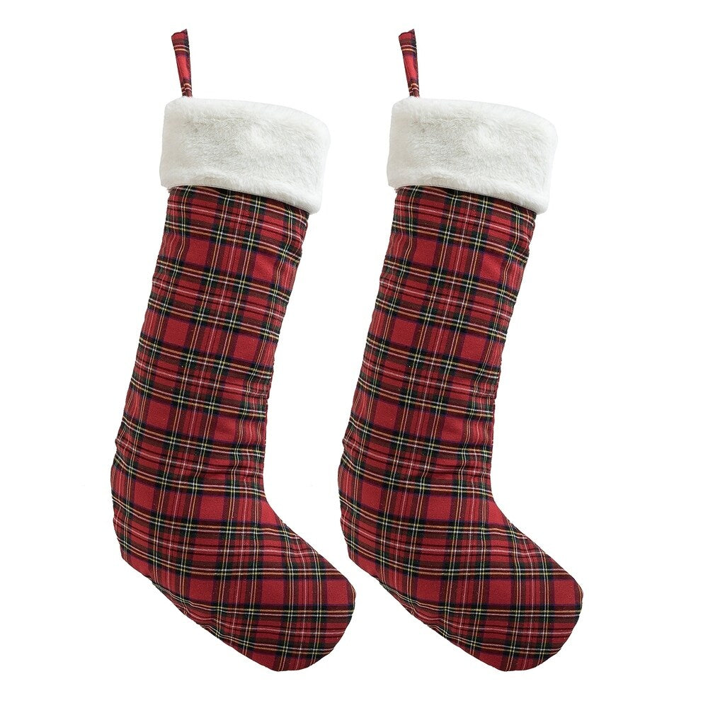 Red Plaid Christmas Stocking - 21*7 - White Rim-One picec