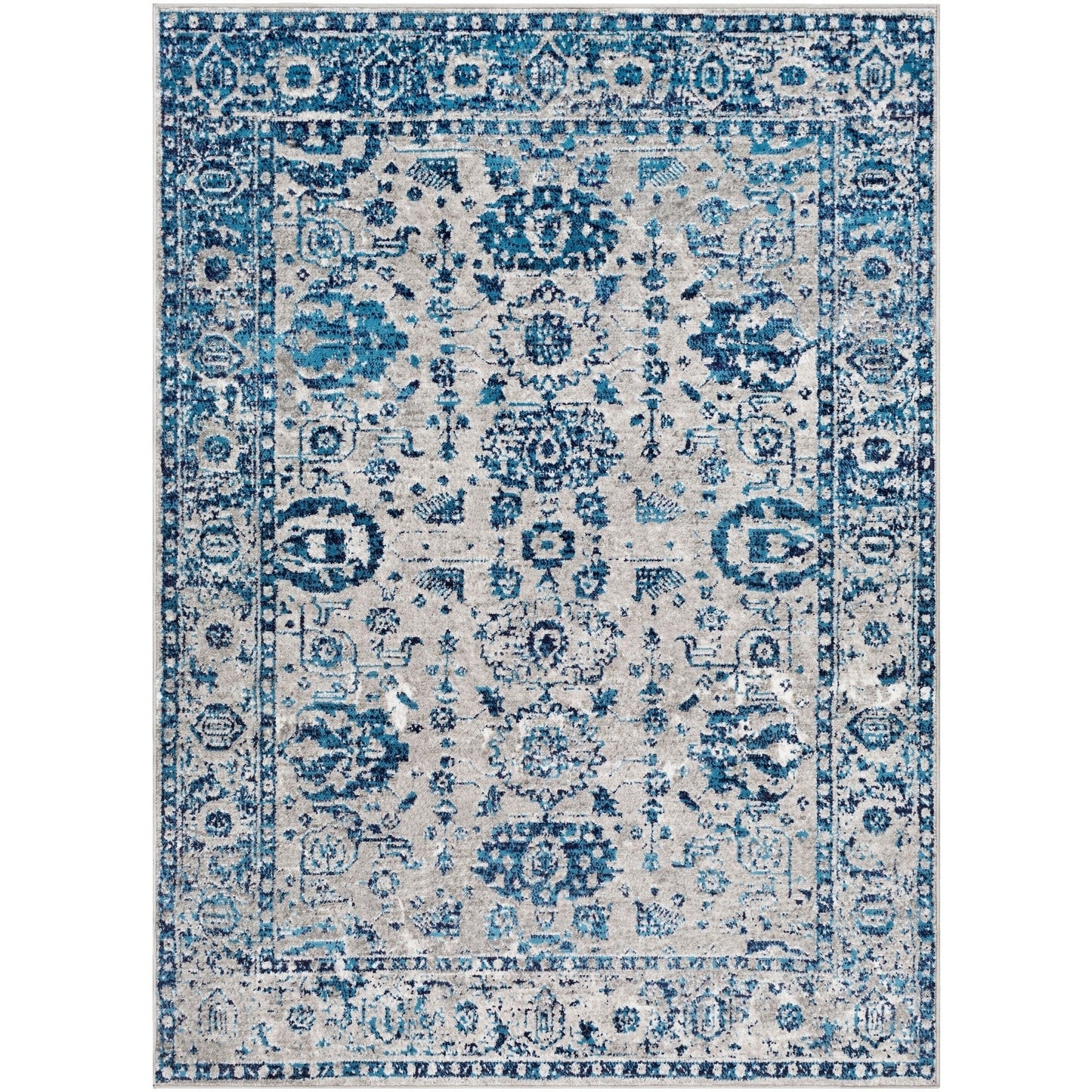 Traditional Distressed Persian Pattern Sky Blue Light Gray Soft Area Rug