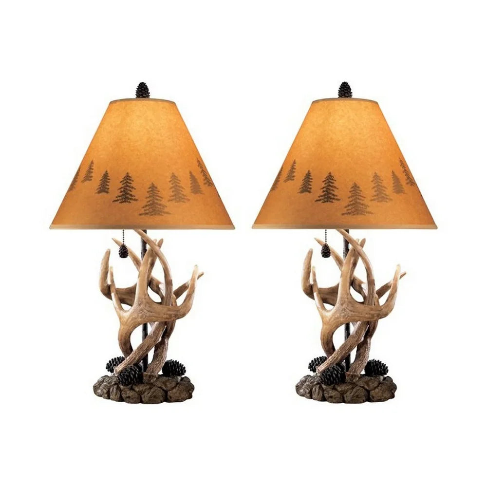 Resin Body Table Lamp with Antler and Pinecone Design, Set of 2, Brown