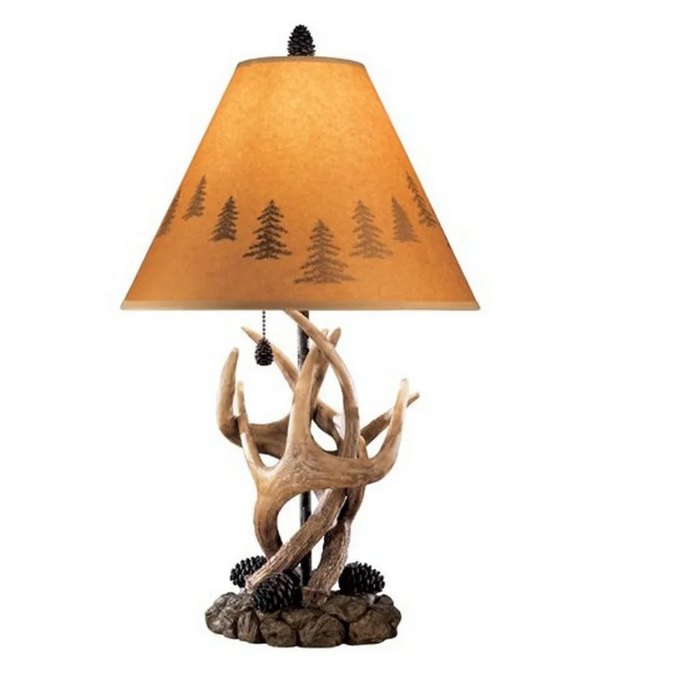 Resin Body Table Lamp with Antler and Pinecone Design, Set of 2, Brown