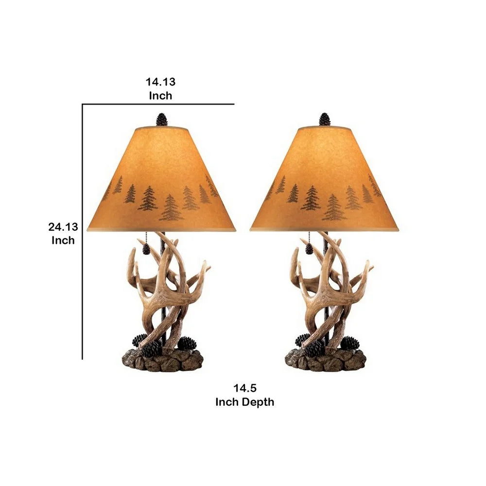 Resin Body Table Lamp with Antler and Pinecone Design, Set of 2, Brown