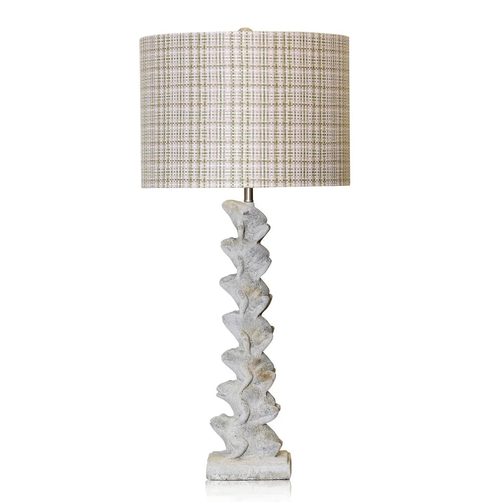 Ribbit Table Lamp - Stacked Cement Frogs With Pastel Plaid Shade