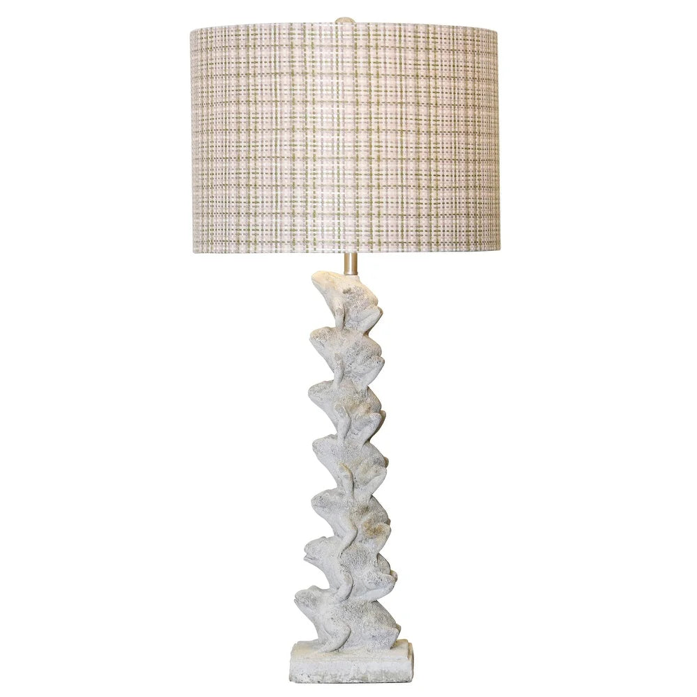 Ribbit Table Lamp - Stacked Cement Frogs With Pastel Plaid Shade
