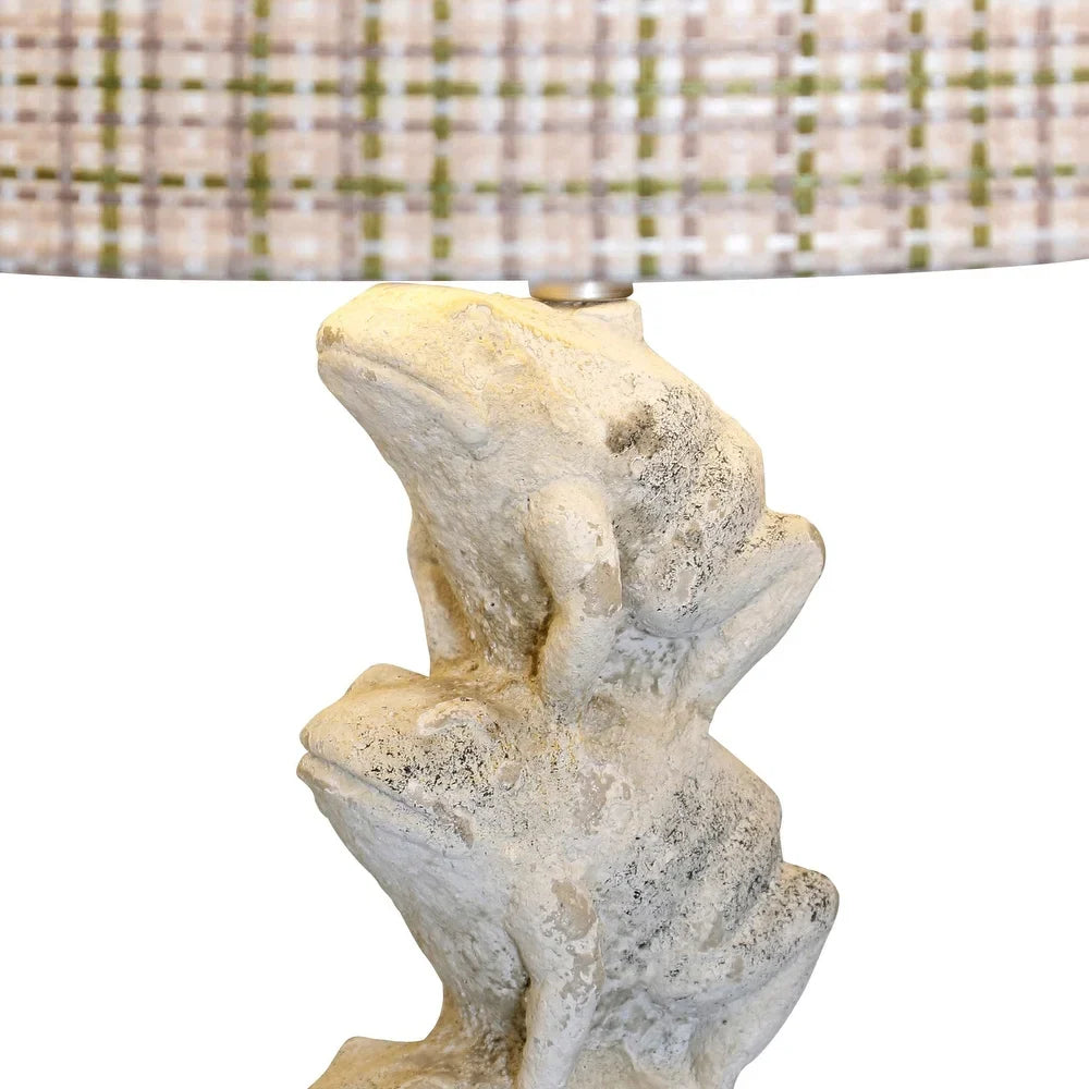Ribbit Table Lamp - Stacked Cement Frogs With Pastel Plaid Shade